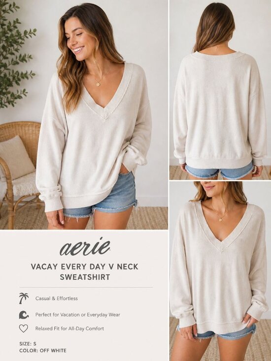 aerie Tops - Aerie Vacay Every Day V Neck off White Sweatshirt Size S  Casual Everyday Wear